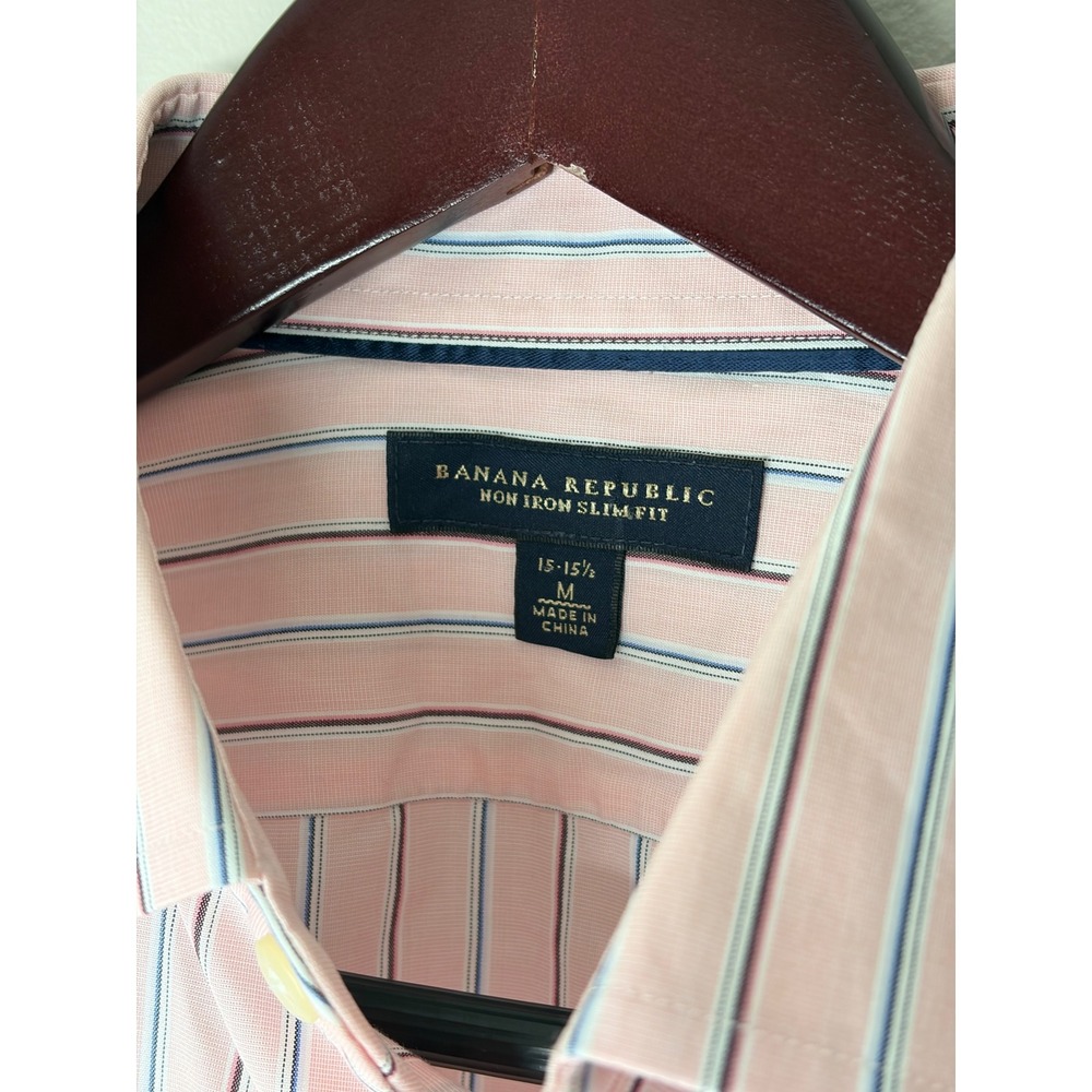 Banana Republic Mens Non Iron Slim Fit Dress Shirt Pink Blue Stripe Medium